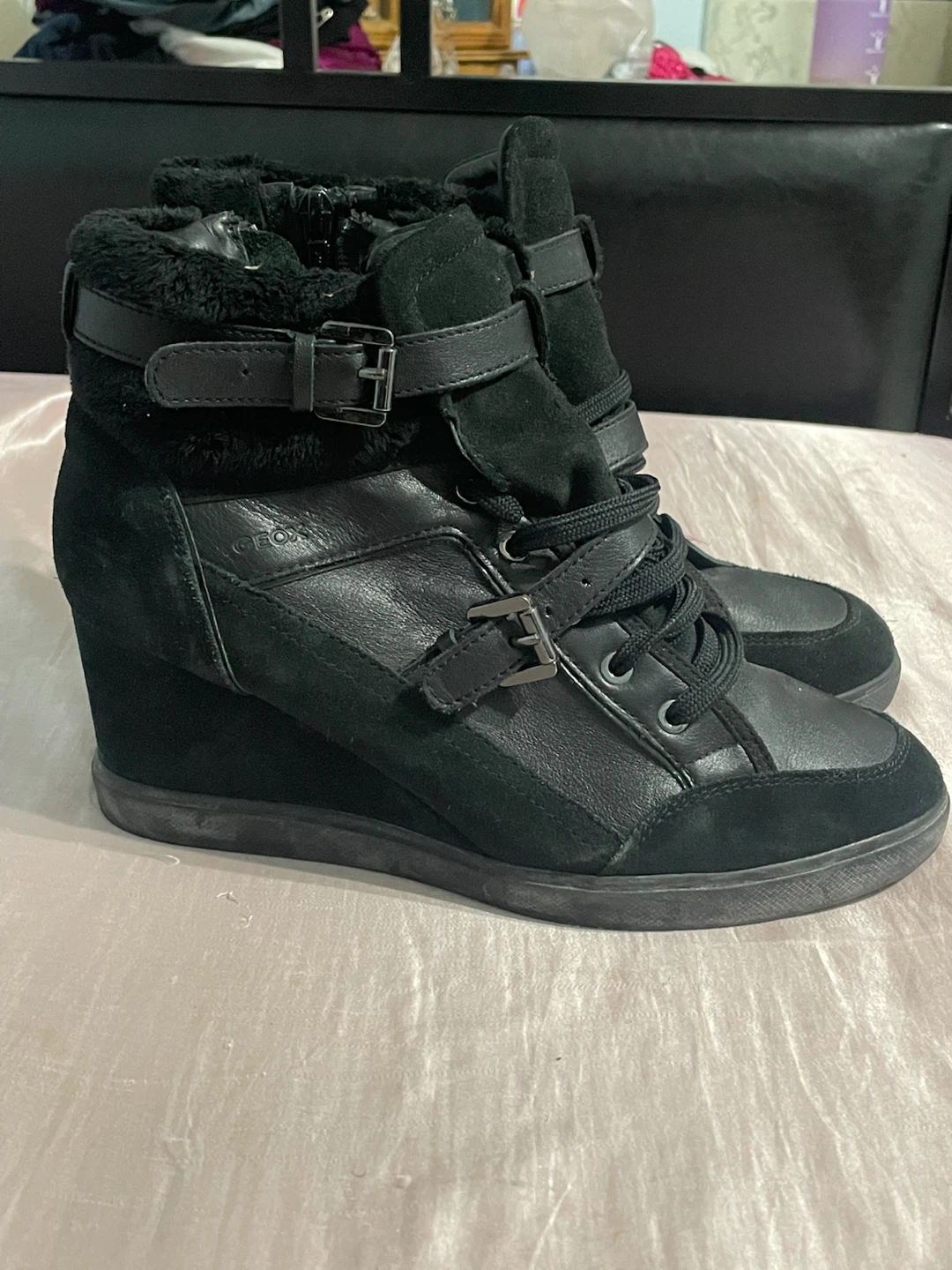 Y2K Geox Black Wedge Sneakers with Fur Trim