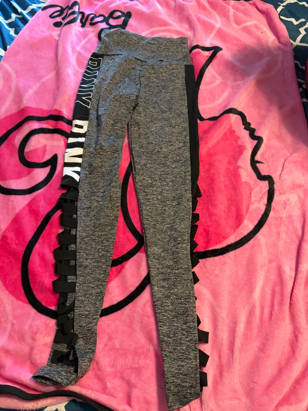 PINK Grey Leggings with Black Strappy Detail