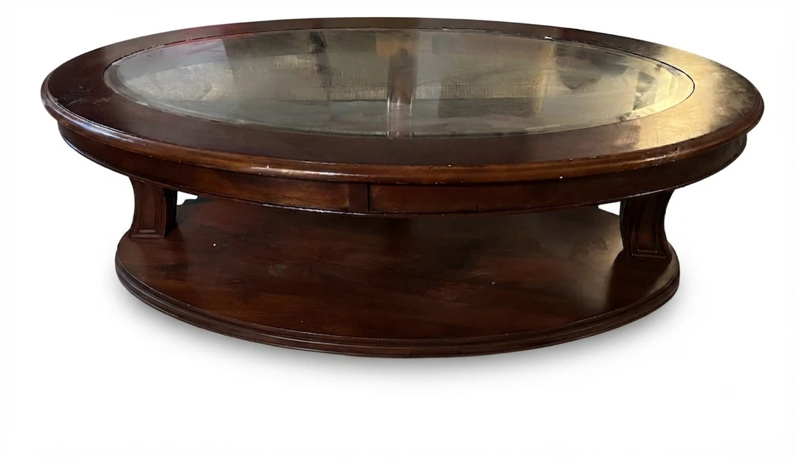 Classic Oval Wood & Glass Top Coffee Table with Lower Shelf