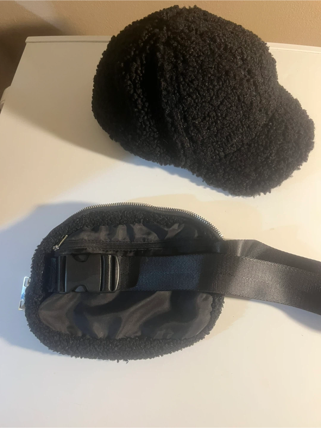 Black Teddy Fleece Baseball Cap and Fanny Pack Set