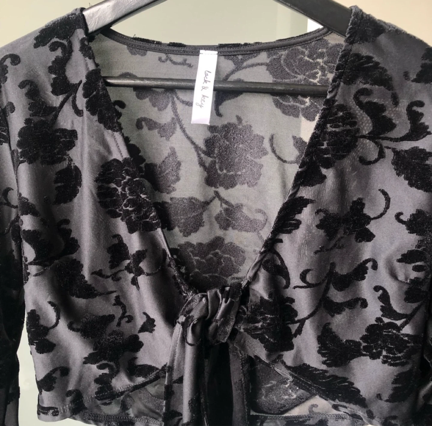 Black Velvet Floral Tie-Front Top
