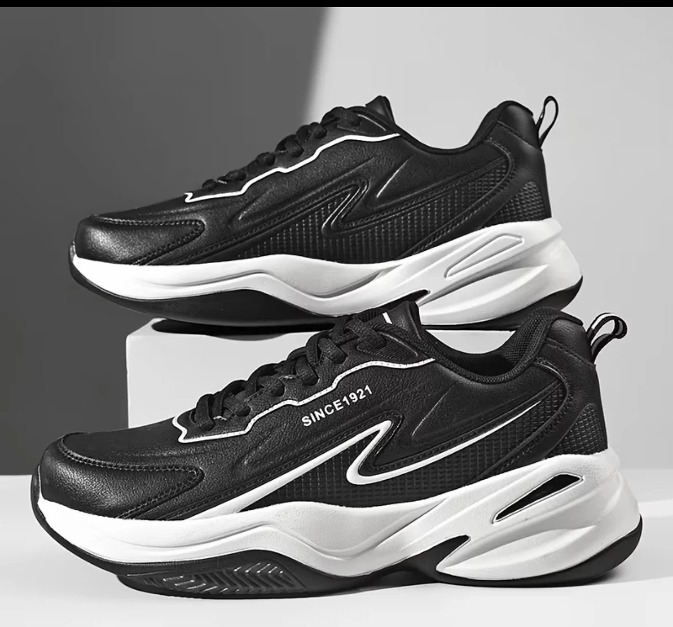 Black and white running shoes