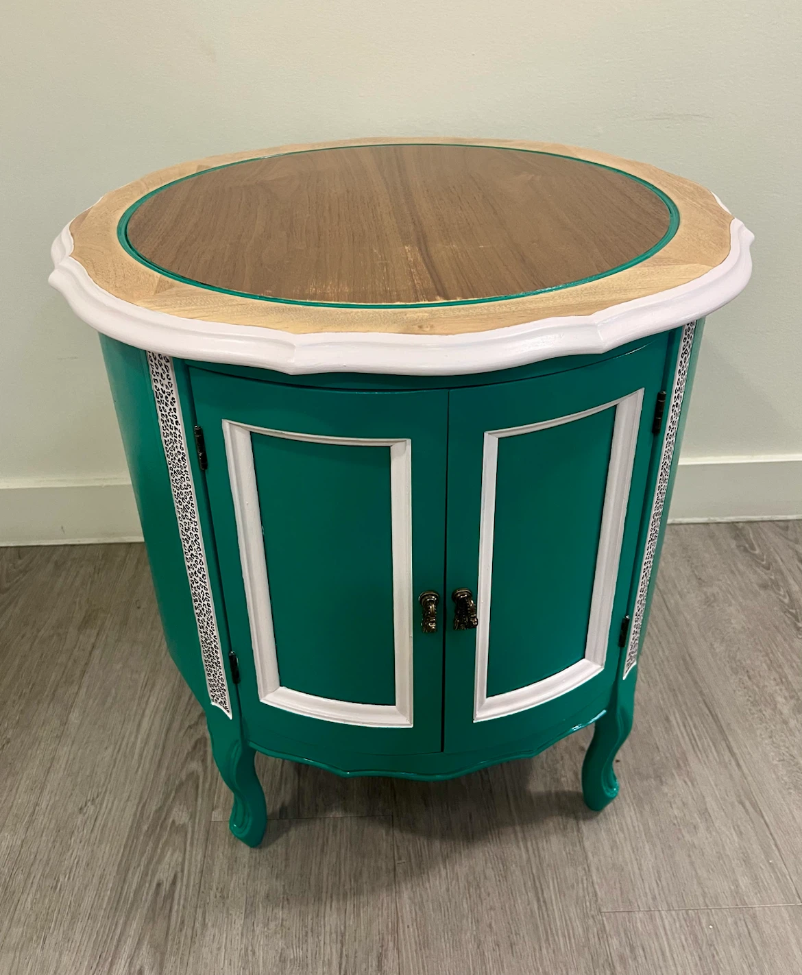 French Provincial Teal Accent Cabinet with Wooden Top