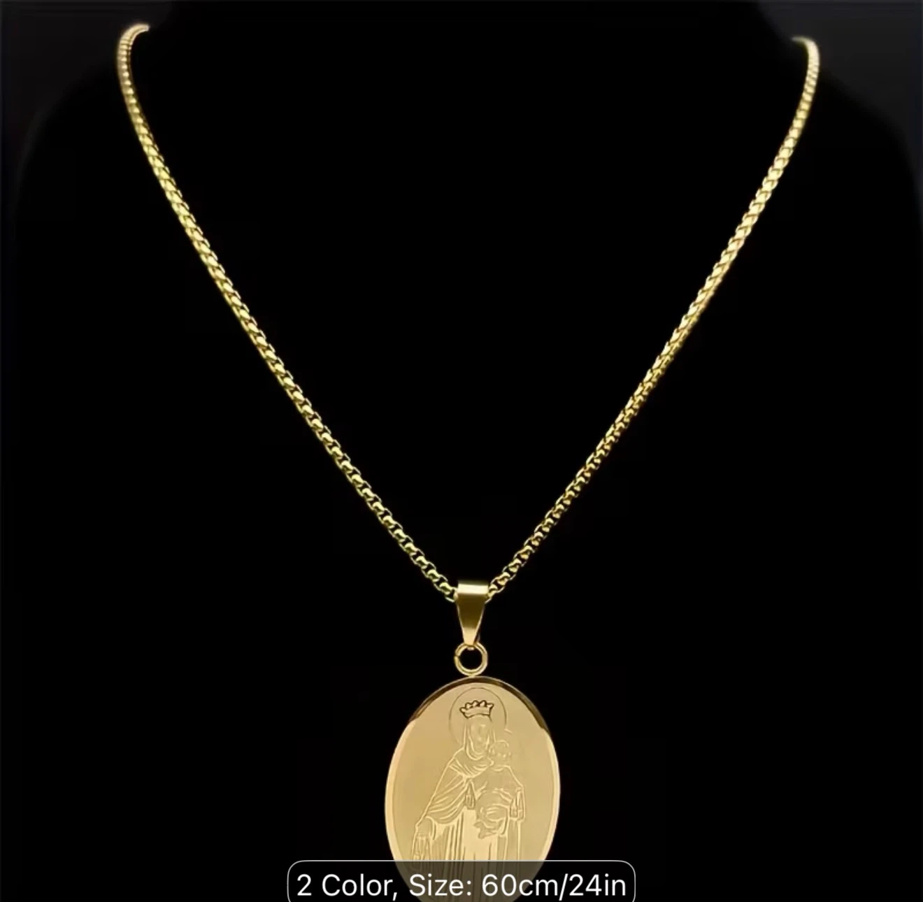 24k Plated Gold-tone Virgin Mary and Child Pendant Necklace 24in