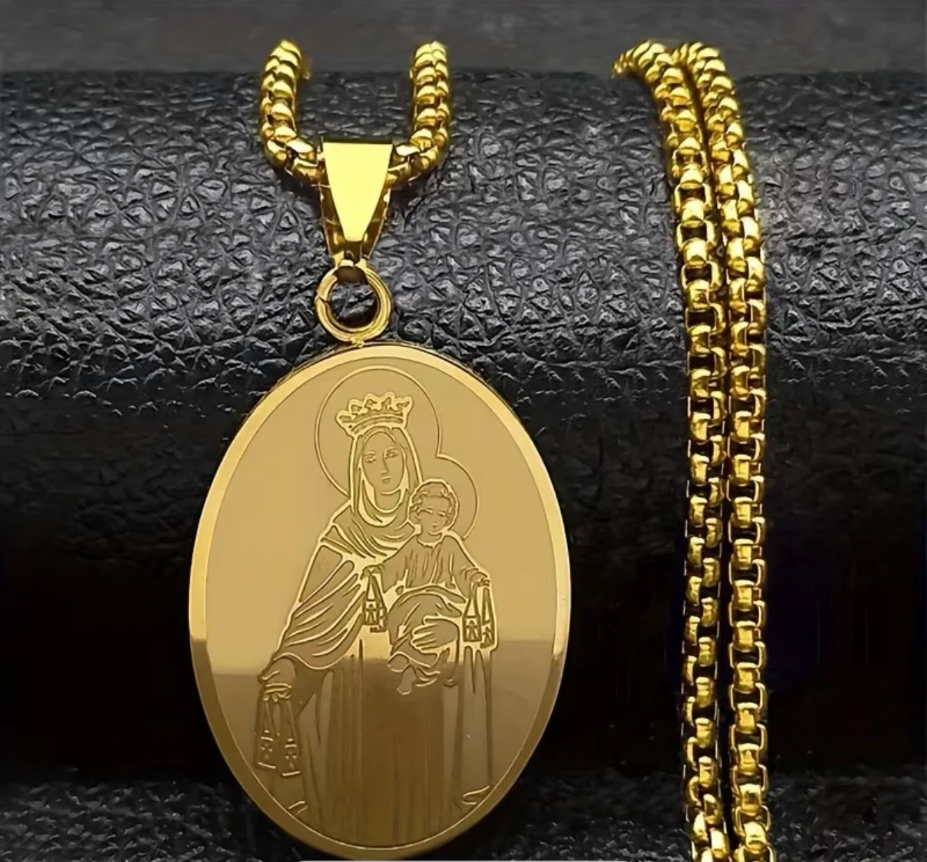 24k Plated Gold-tone Virgin Mary and Child Pendant Necklace 24in - photo 3