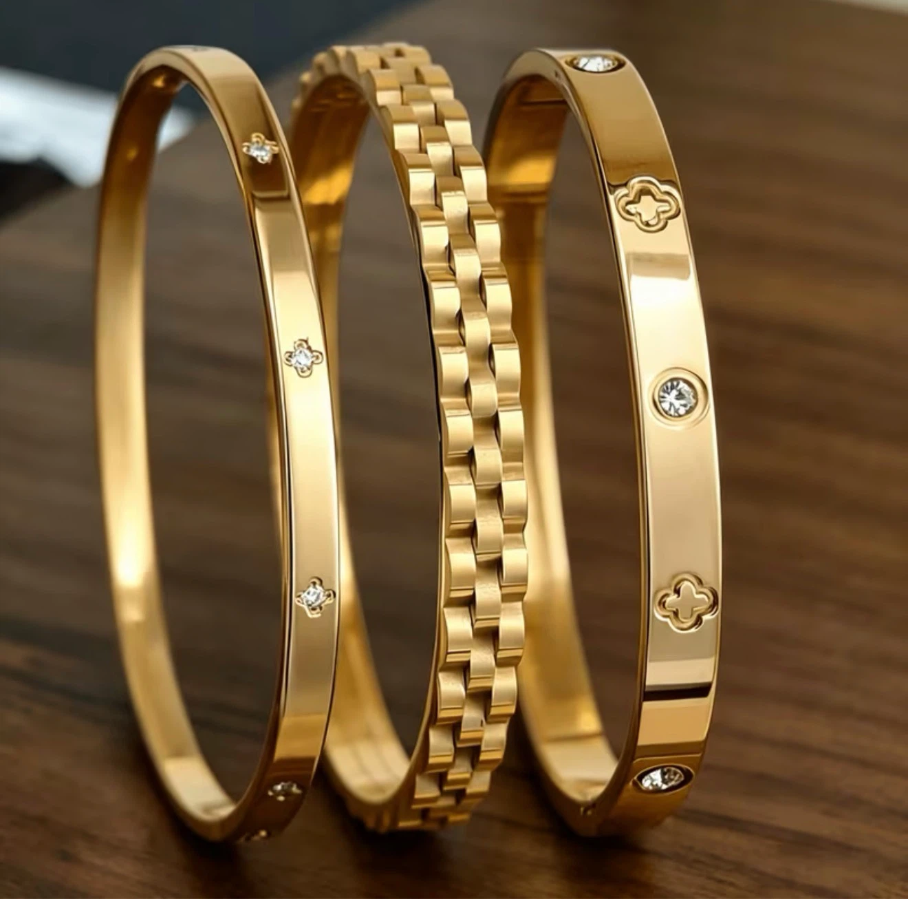18K Plated Set of 3 Gold-Tone Bangles with Rhinestones