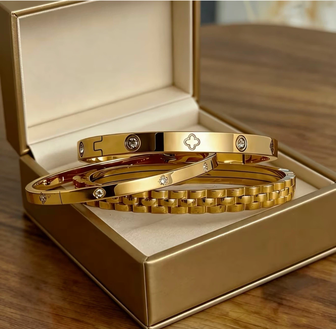 18K Plated Set of 3 Gold-Tone Bangles with Rhinestones - photo 2