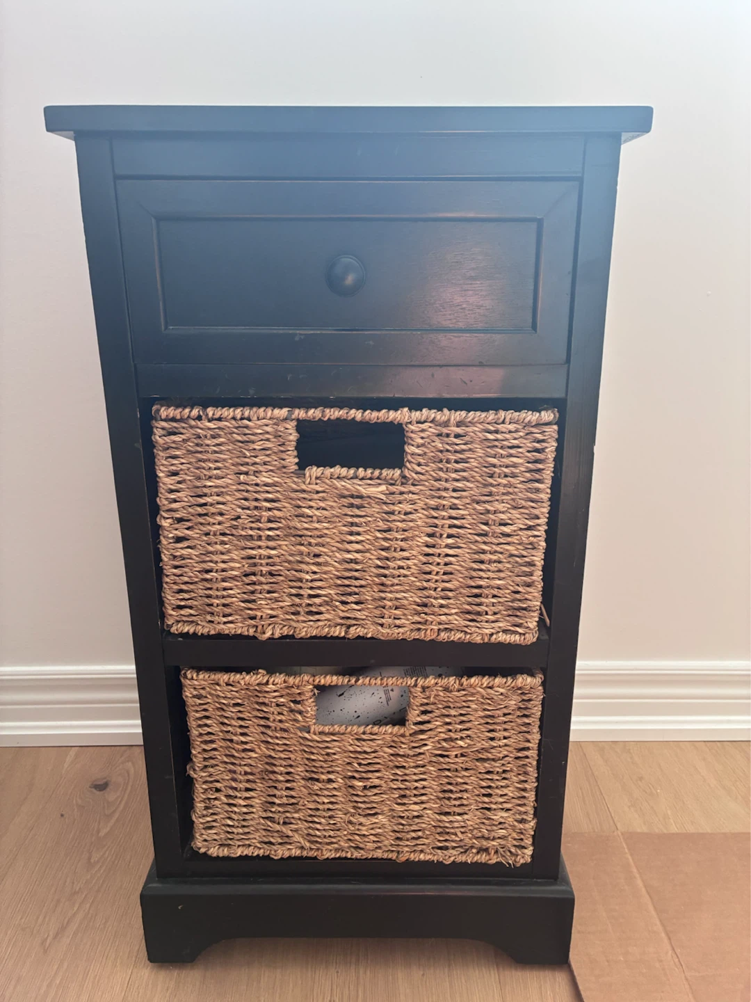 Black Nightstand with Drawer and Baskets