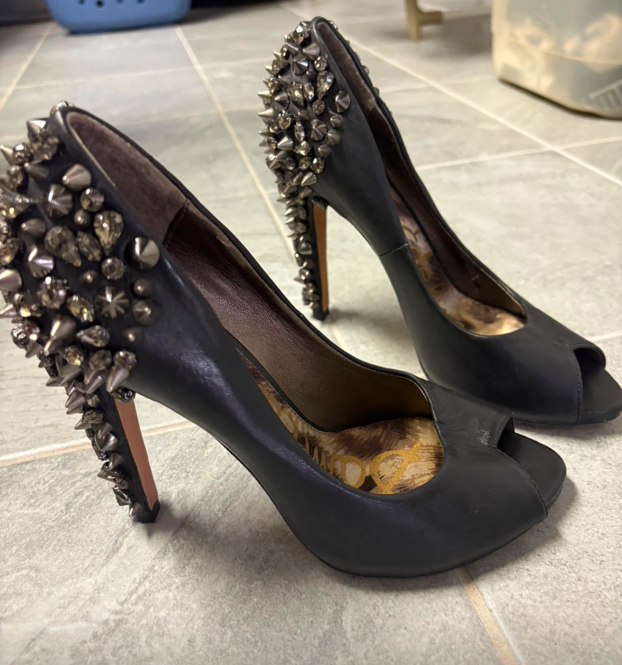 Black Peep-Toe Heels with Spikes