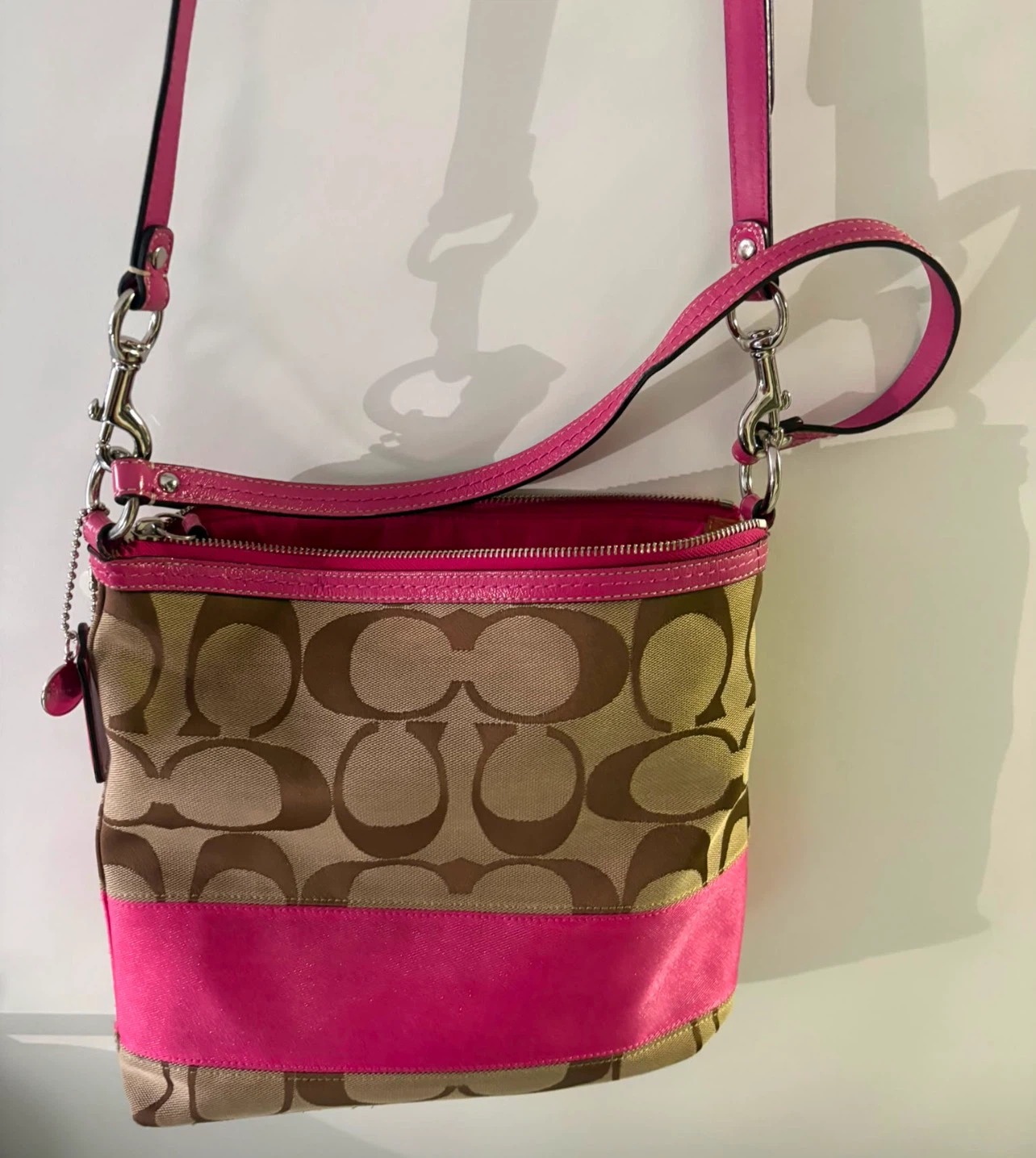 Coach Signature Monogram Crossbody Bag Pink Trim