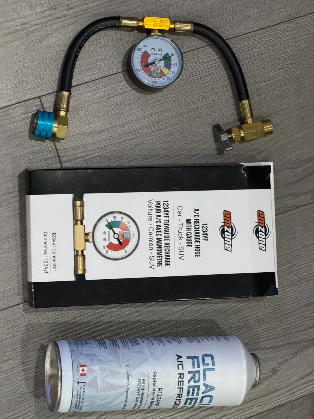 A/C Recharge Hose with Gauge &  Refrigerant
