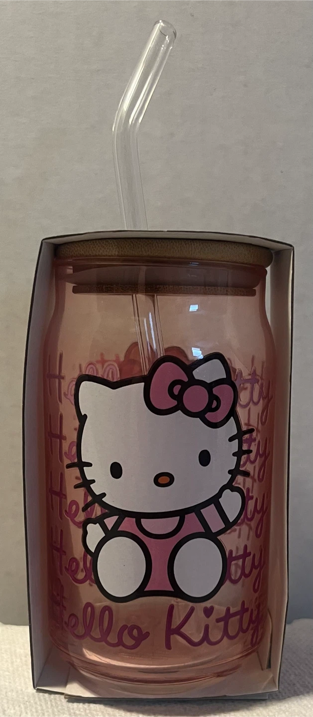 ⁠New Hello Kitty 16oz Glass Tumbler with Bamboo Lid & Straw!!!