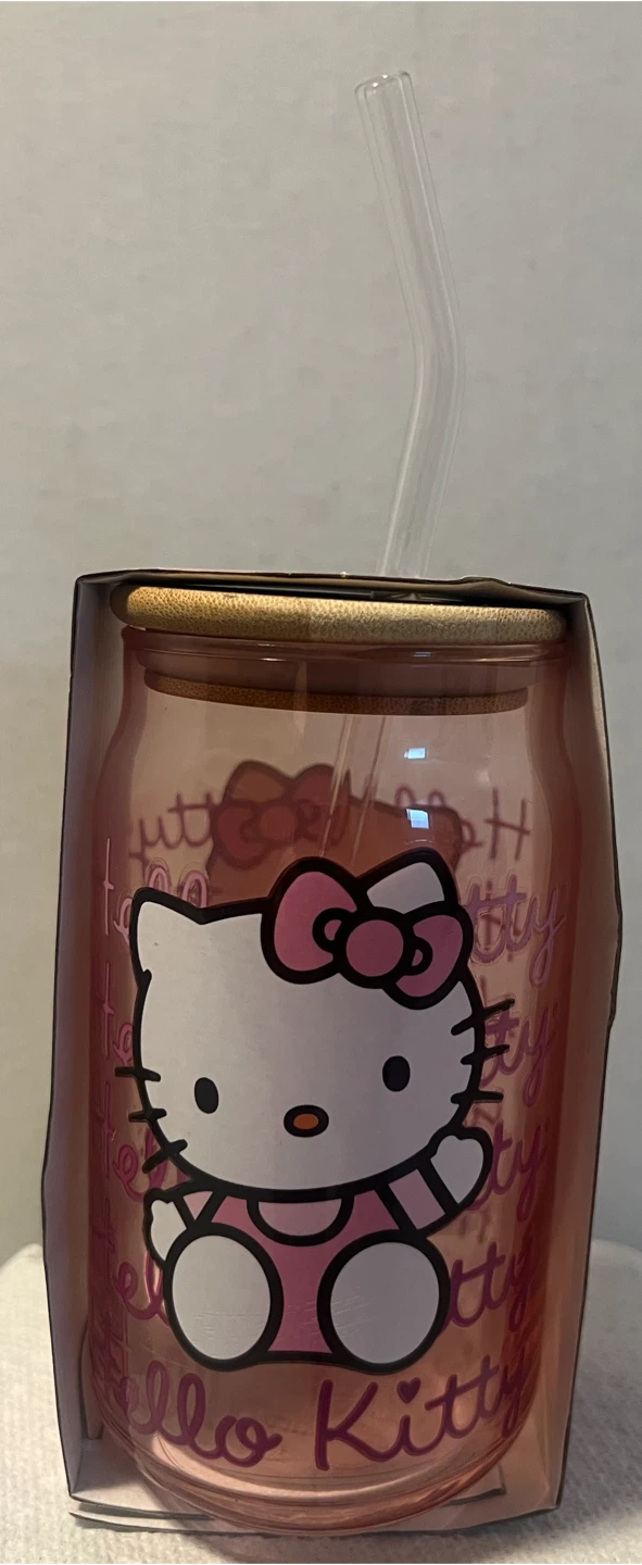 ⁠New Hello Kitty 16oz Glass Tumbler with Bamboo Lid & Straw!!! - photo 3