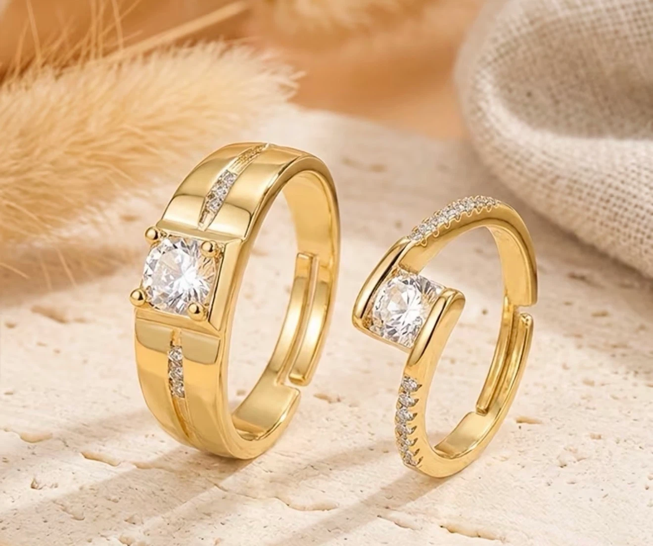 18 k plated Couple's Adjustable Gold Tone Rings with Crystals