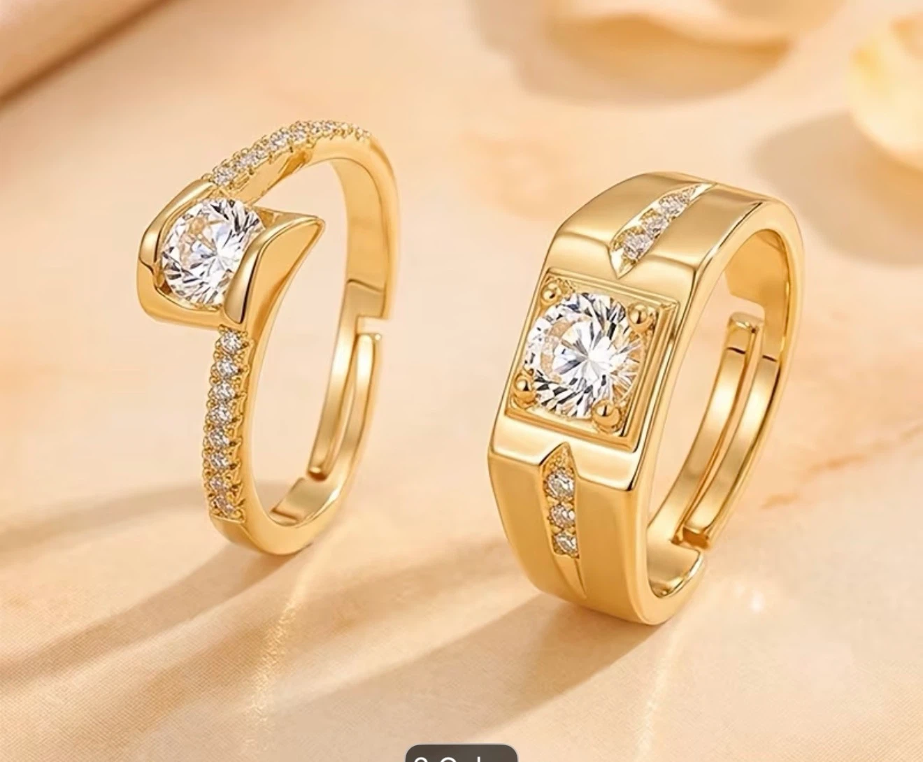18 k plated Couple's Adjustable Gold Tone Rings with Crystals - photo 2