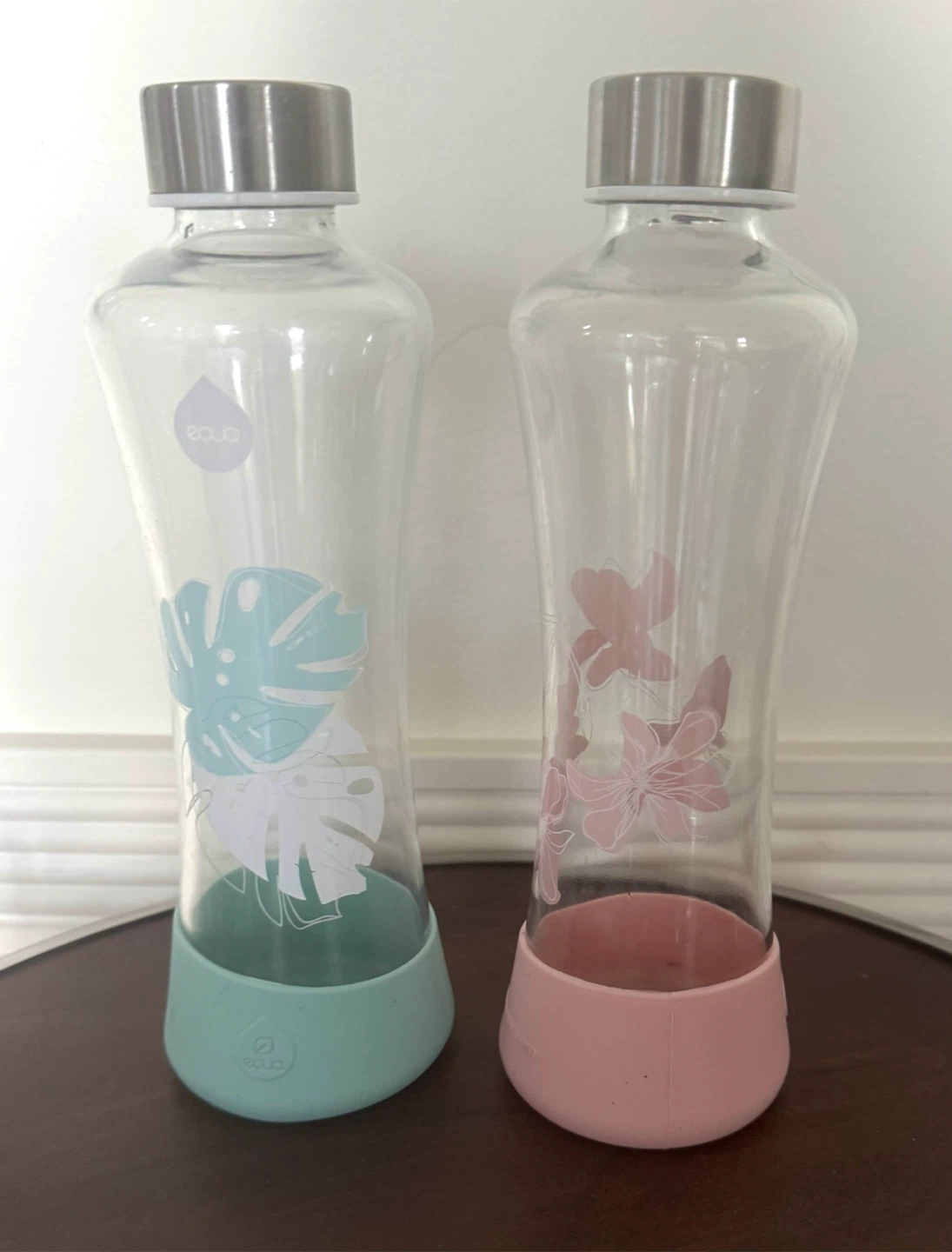 2 EQUA glass water bottles w/silicone bases.