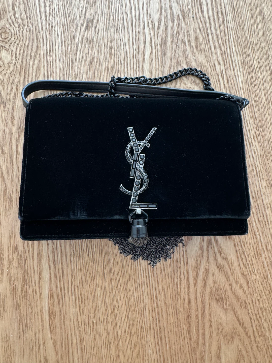 Saint Laurent Black Velvet Chain Bag with Tassel