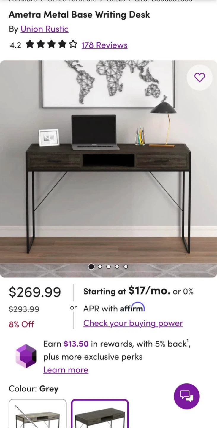 Union Rustic Ametra Metal Base Writing Desk - Grey - photo 3