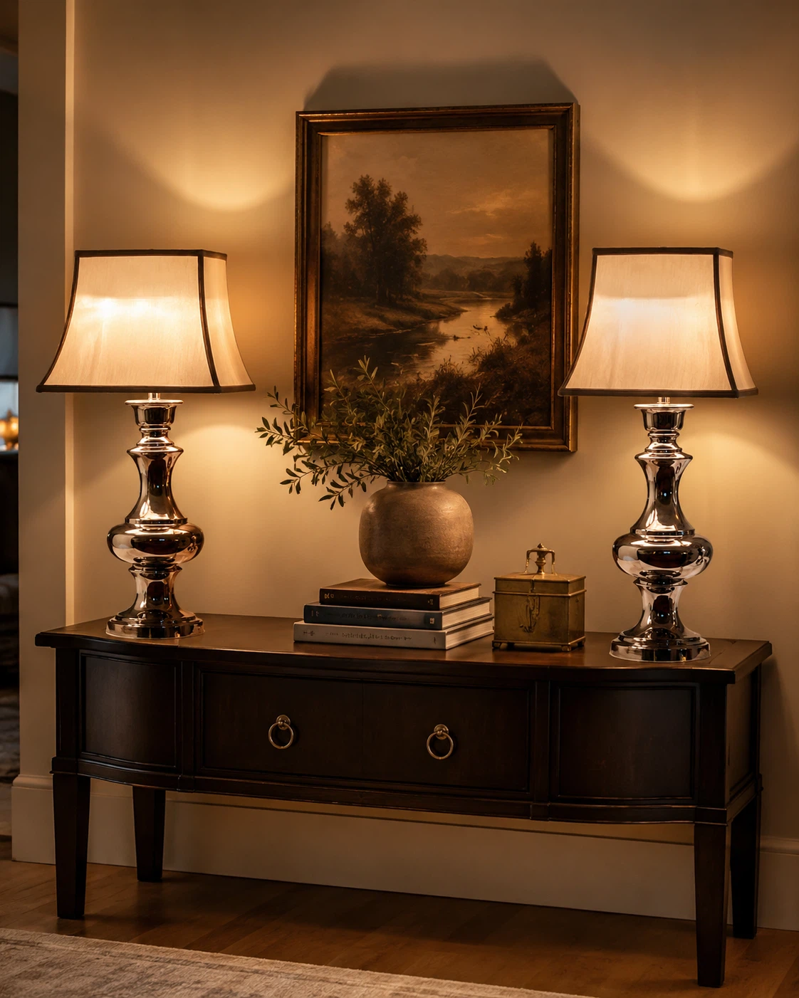 Set of 2 Silver Table Lamps with Beige Shades