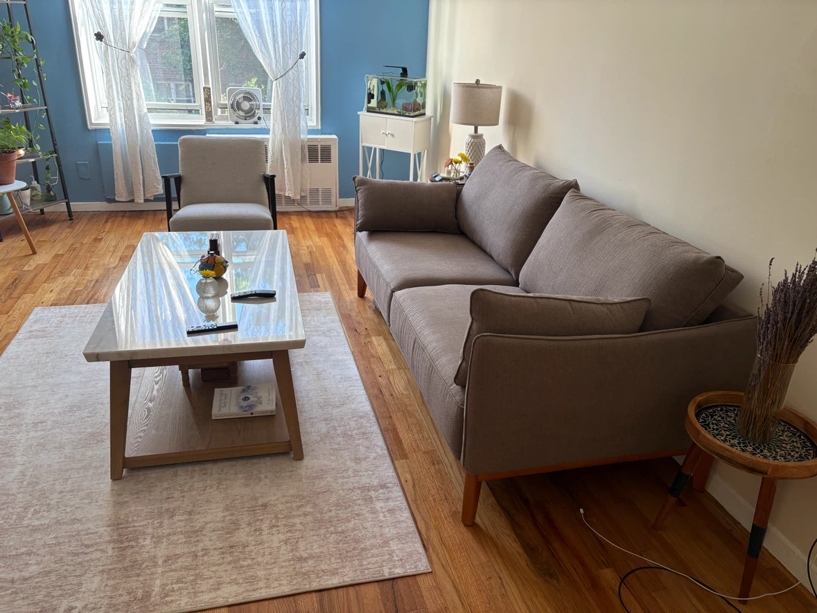 Couch, coffee table and chair.