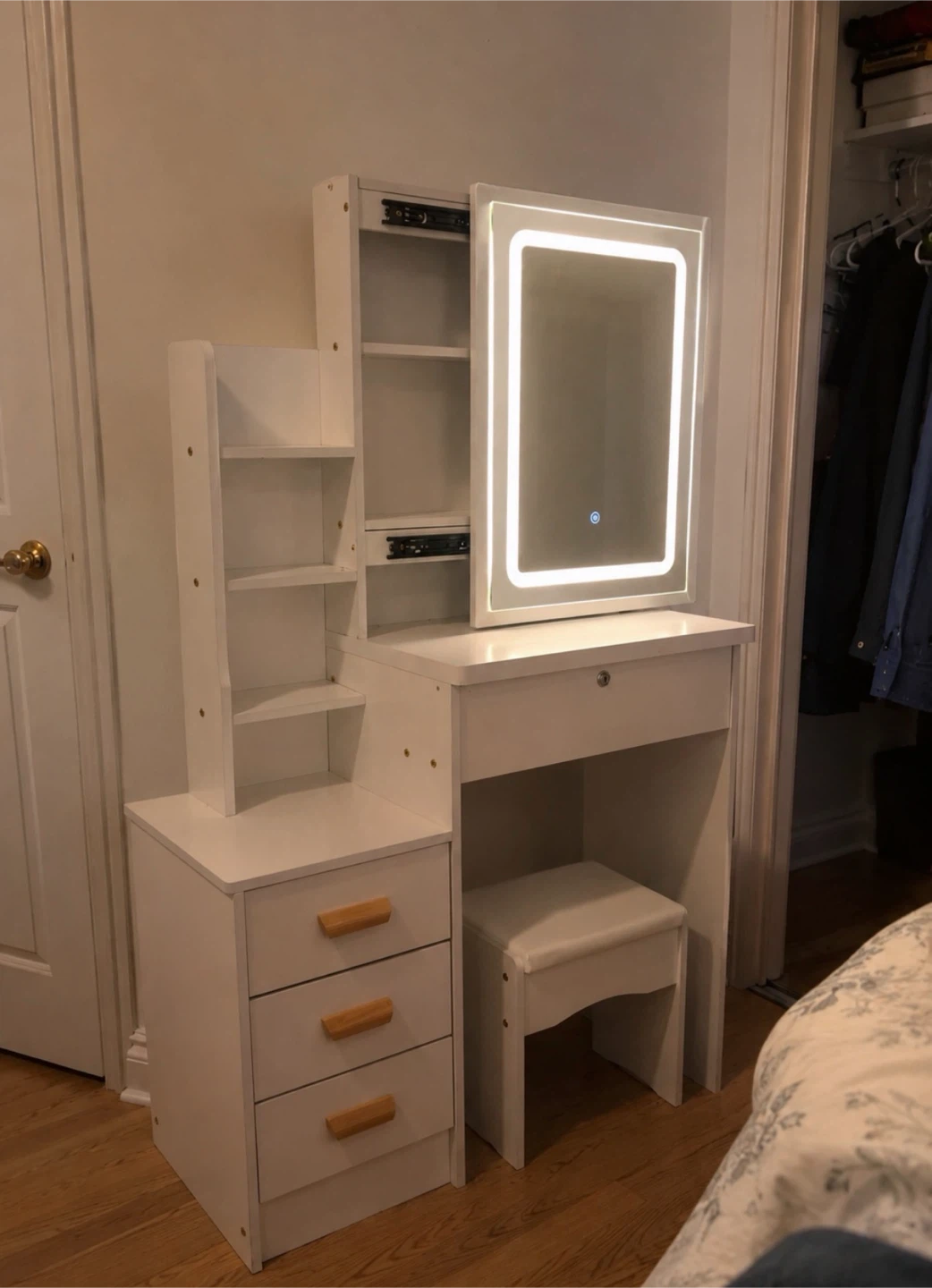 White Vanity Set with Lighted Mirror and Stool