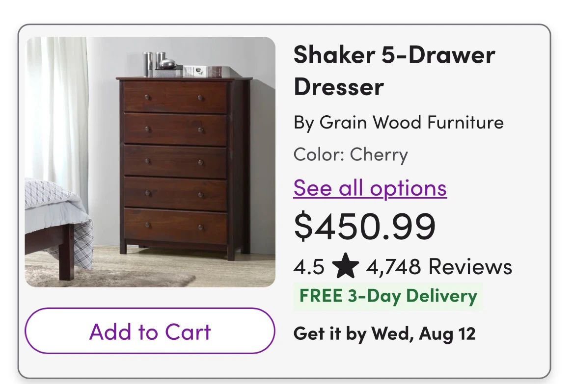 Grain Wood Furniture Shaker 5-Drawer Dresser