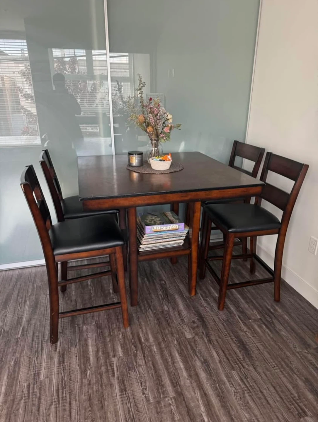 Dark Wood Counter Height Dining Set with 4 Chairs