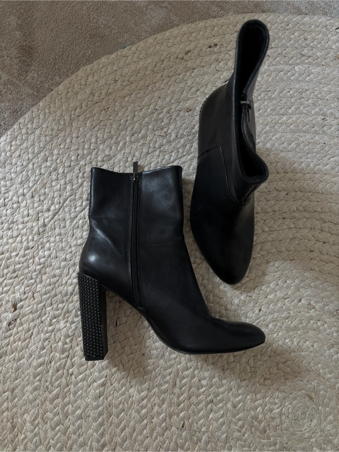 Halston Black Leather Studded Heel Ankle Boots