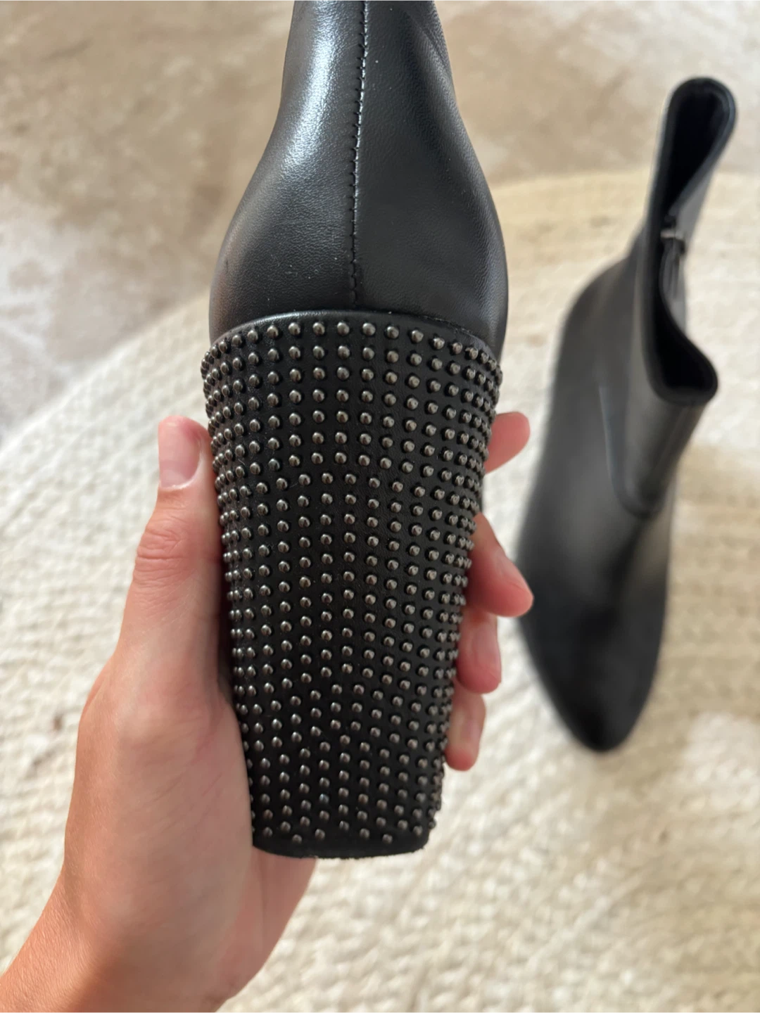 Halston Black Leather Studded Heel Ankle Boots - photo 2