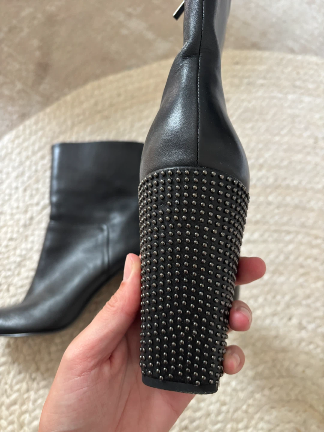 Halston Black Leather Studded Heel Ankle Boots - photo 3