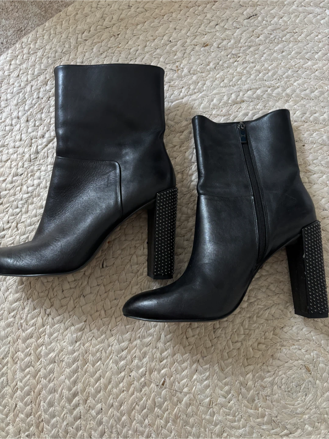 Halston Black Leather Studded Heel Ankle Boots - photo 4