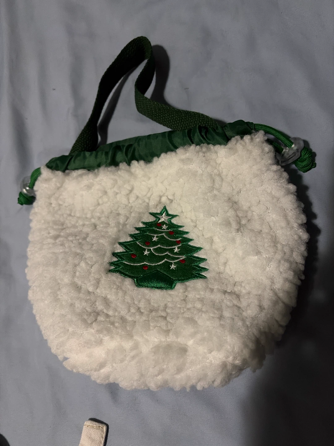 White Sherpa Drawstring Bag with Christmas Tree