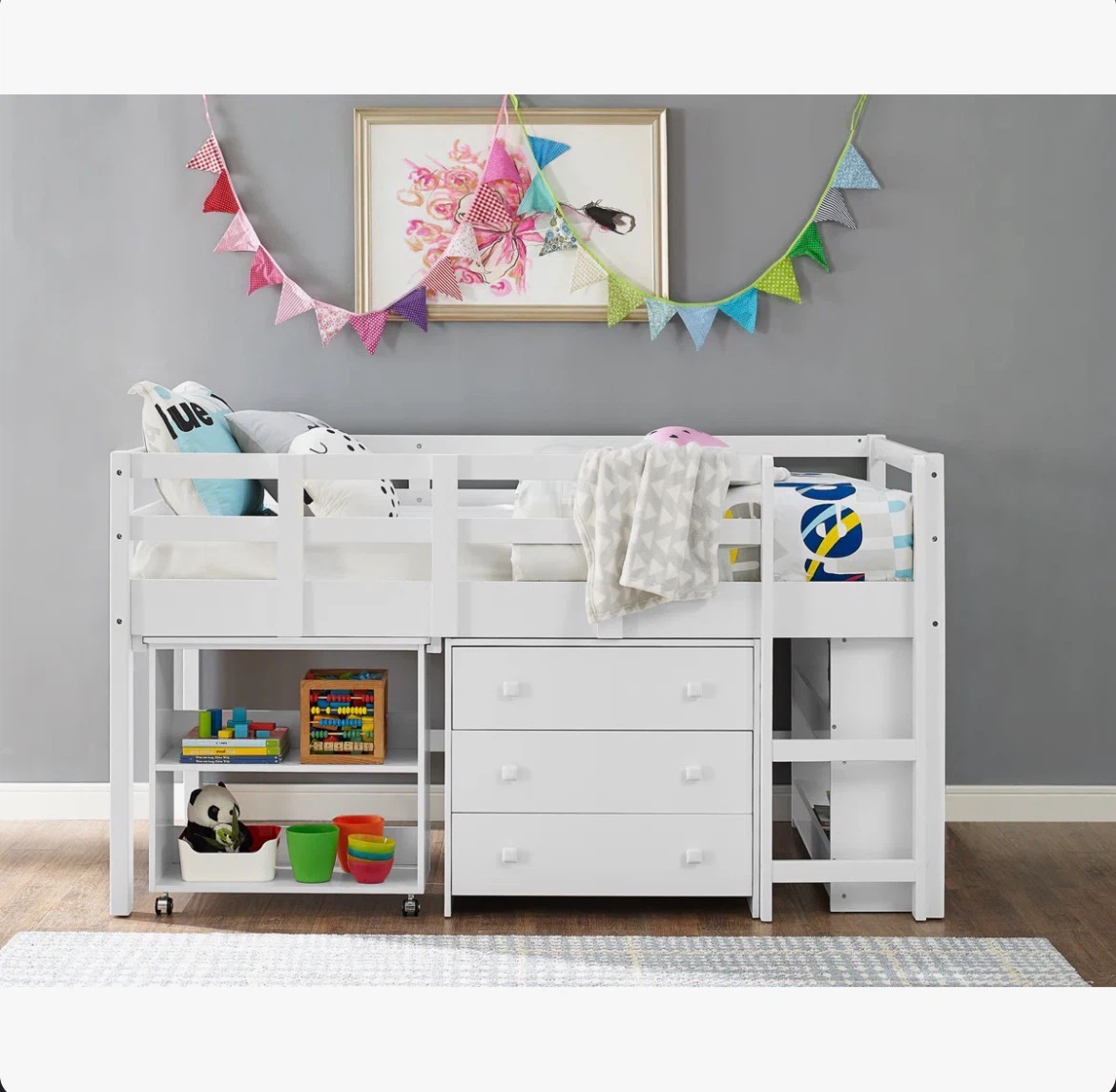 White Loft Bed with Desk and Dresser+Mattress