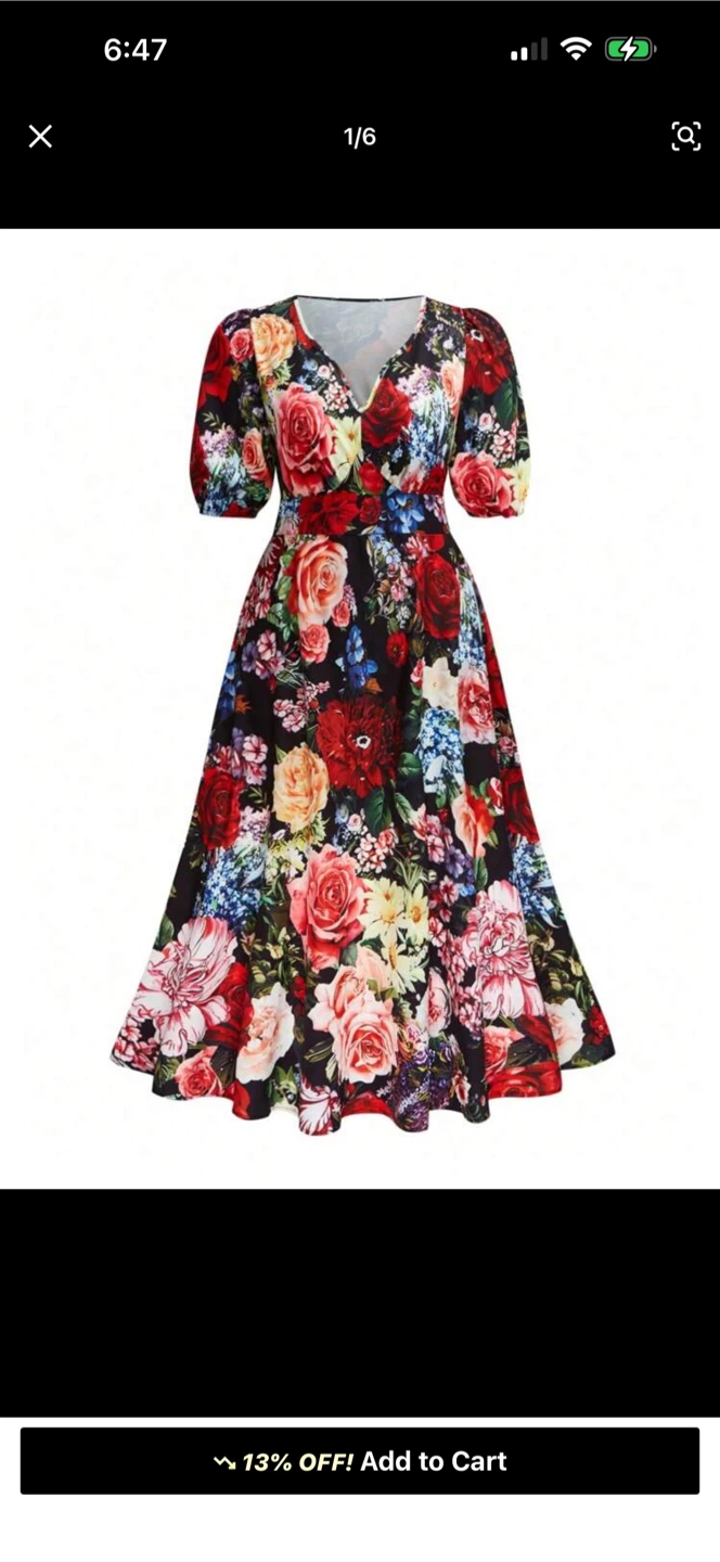 Floral V-Neck Puff Sleeve Midi Dress