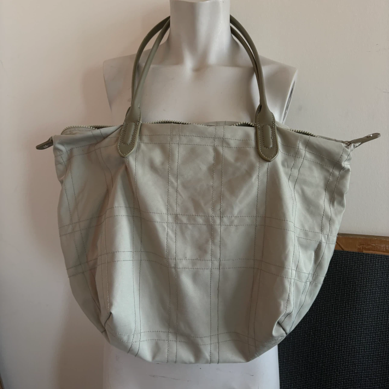 Zara Light Sage Green Tote Bag with Grid Stitching