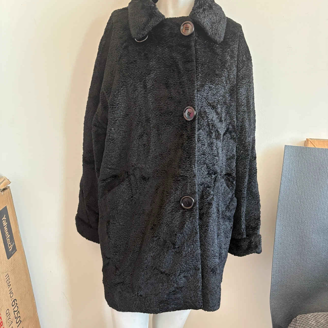 Black Faux Persian lamb Fur Coat
