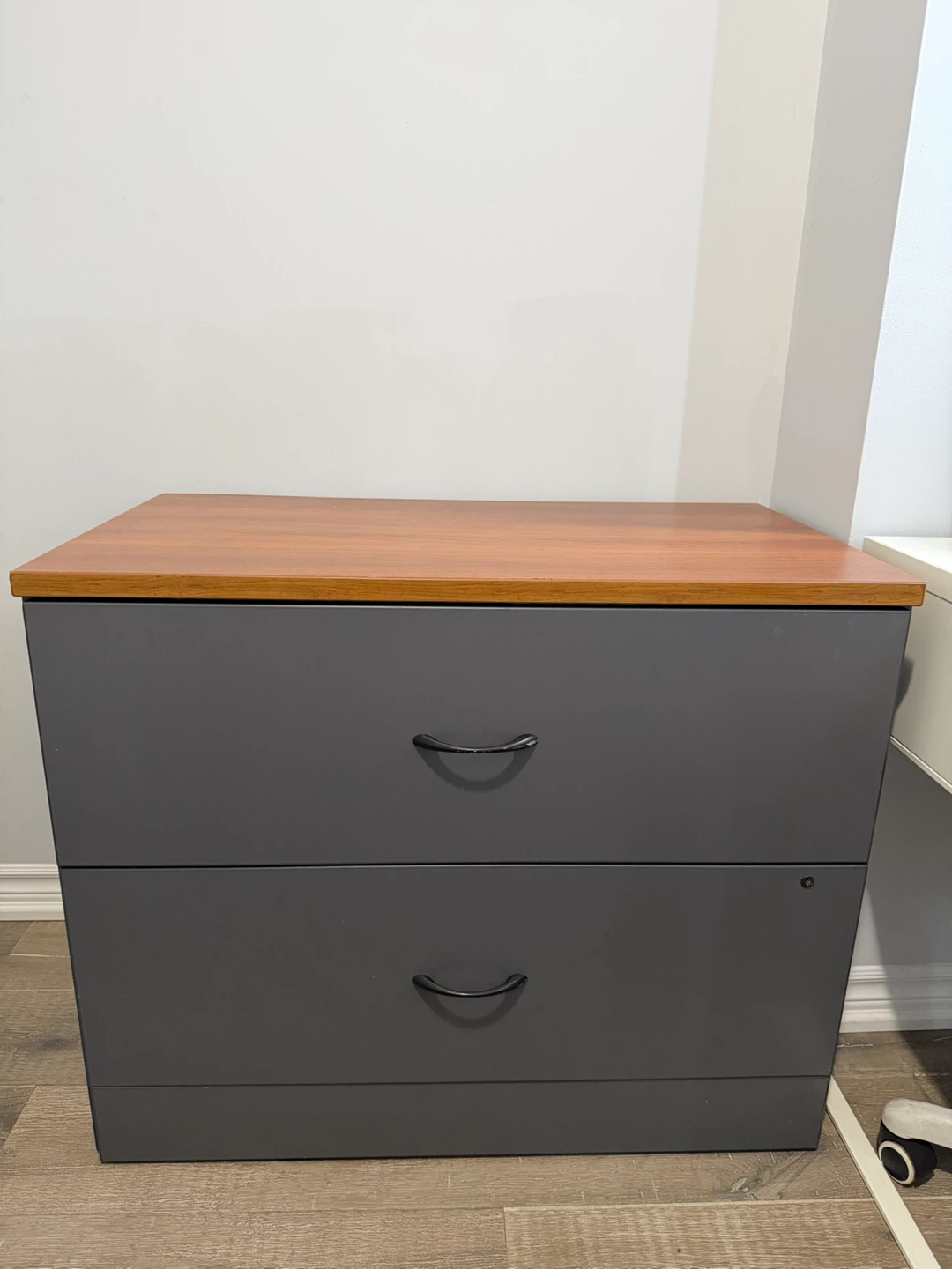 Grey 2-Drawer Filing Cabinet with Wood Top