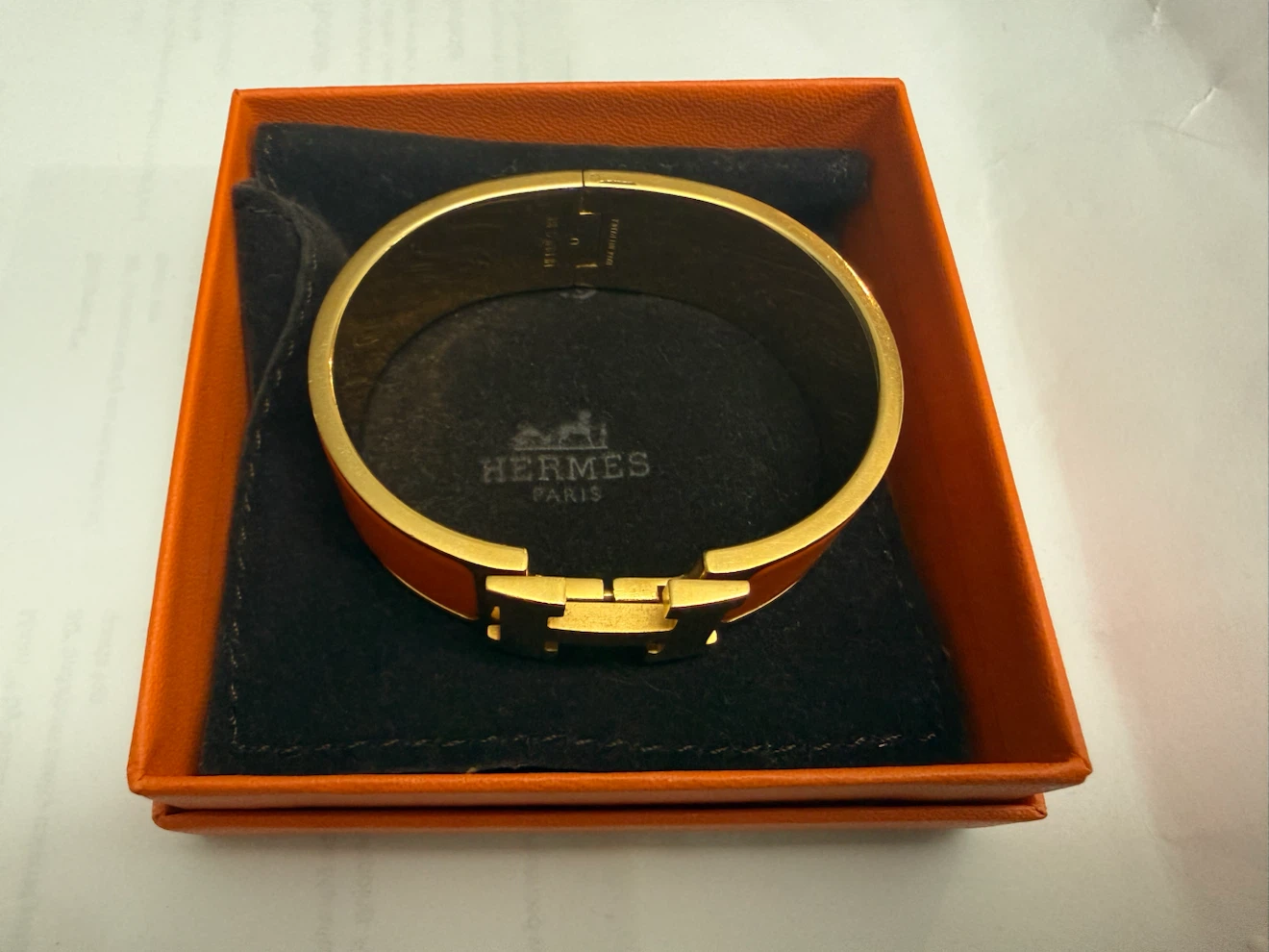 Hermès Paris Gold & Orange Enamel H Bracelet