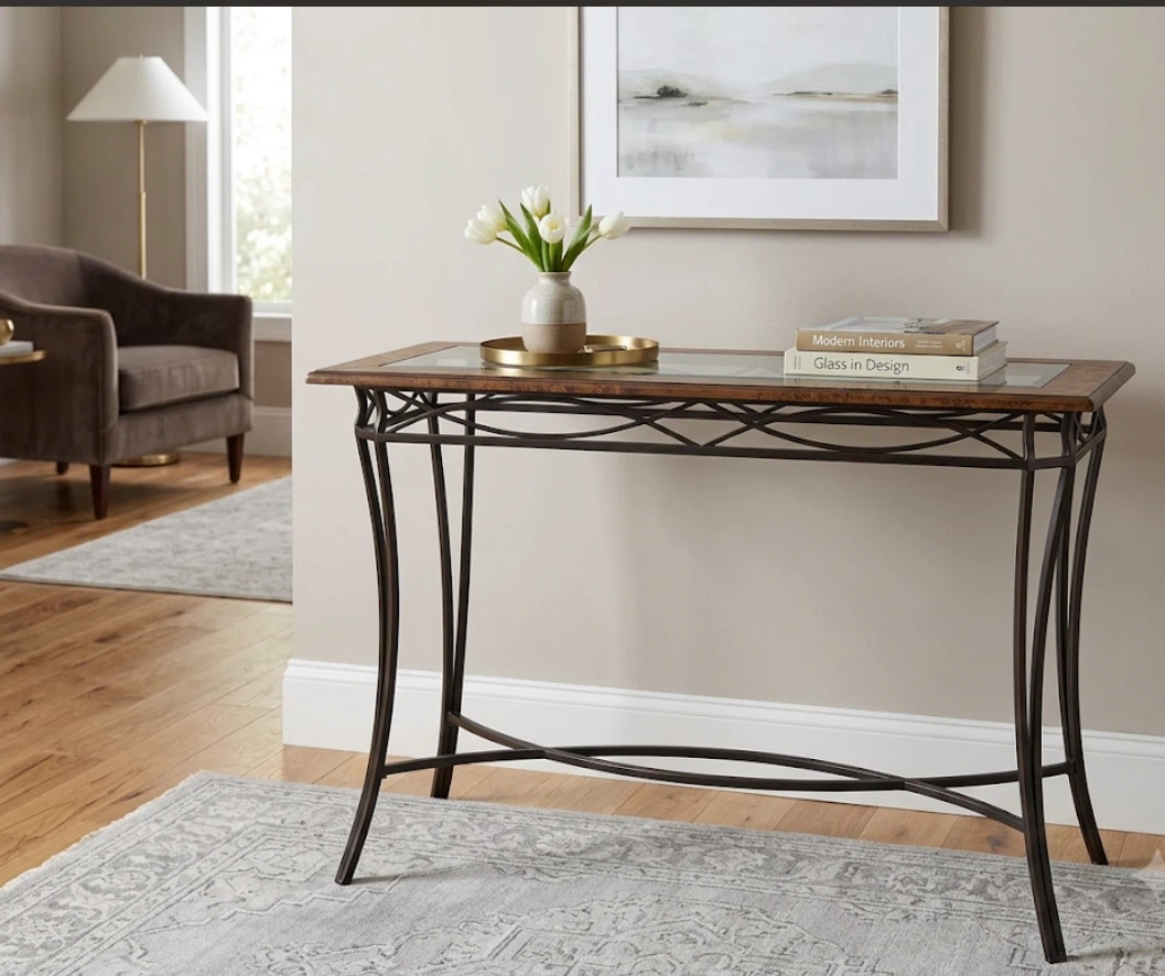 Console Table with Metal Frame and Glass Top