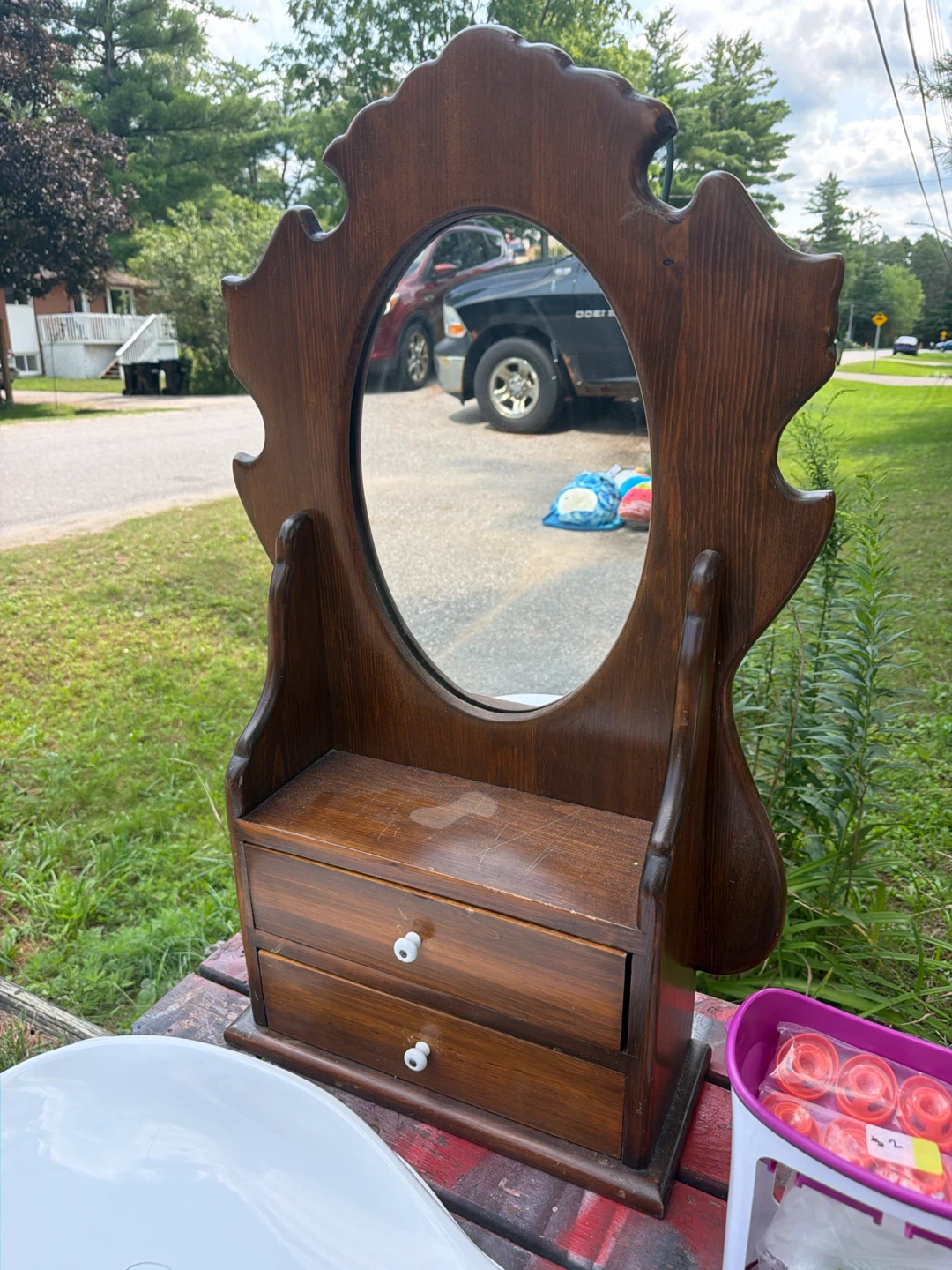 Vintage Wooden Vanity Mirror with Drawers