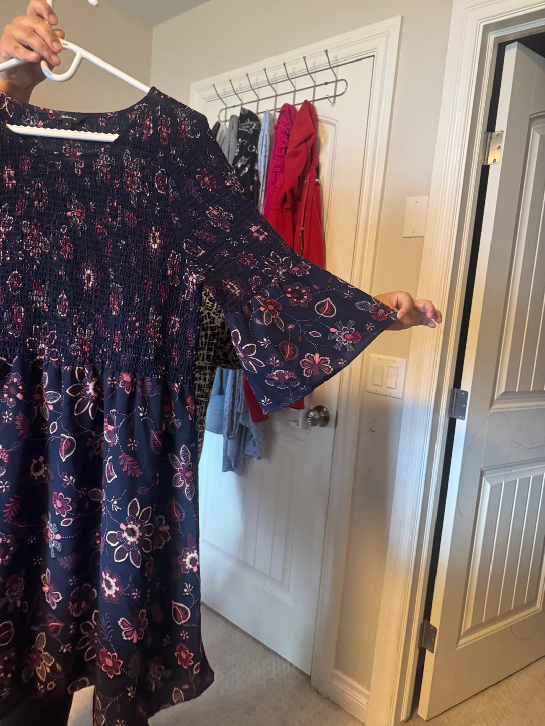 Navy Floral Smocked Dress with Bell Sleeves