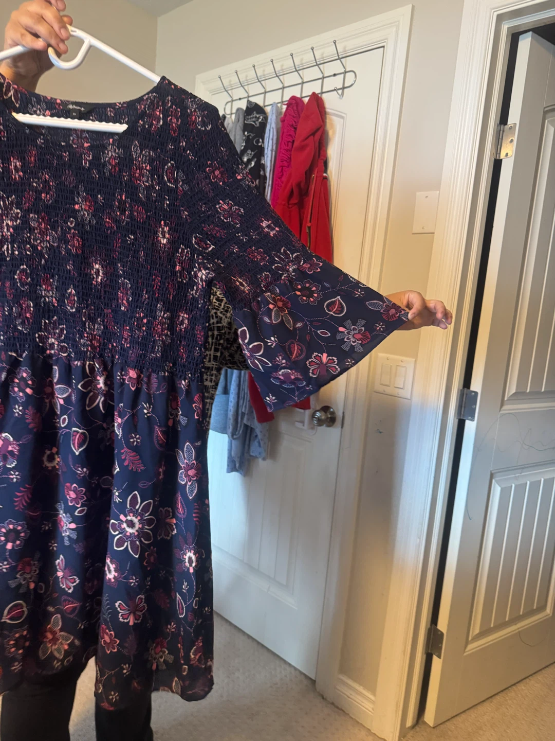 Navy Floral Smocked Dress with Bell Sleeves - photo 2