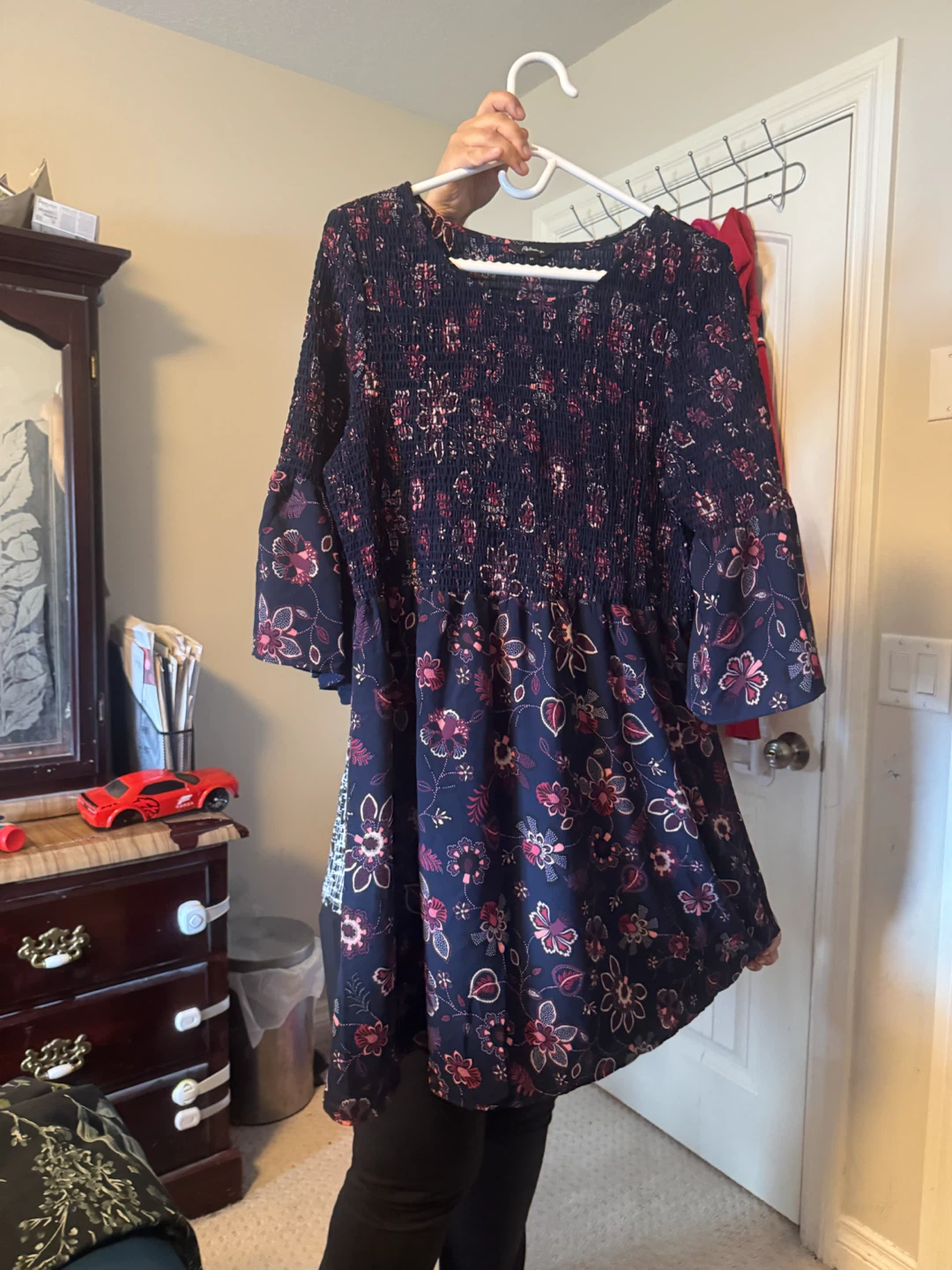 Navy Floral Smocked Dress with Bell Sleeves - photo 3