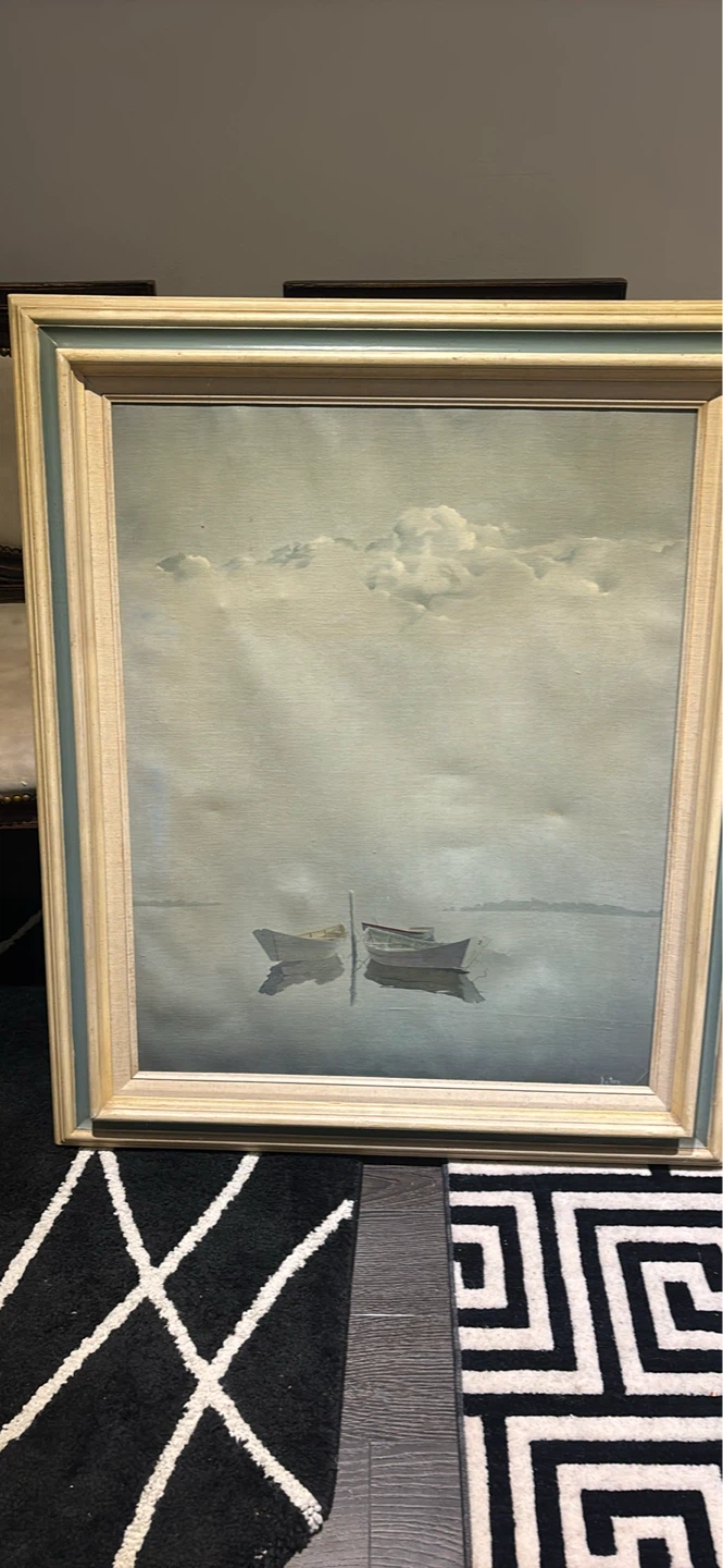 Framed Seascape Painting with Boats