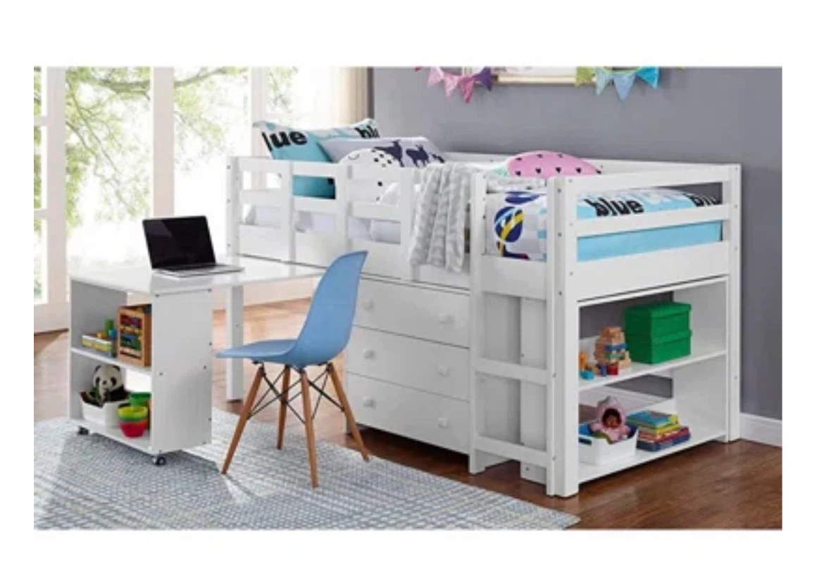White Loft Bed with Desk and Dresser+Mattress - photo 2