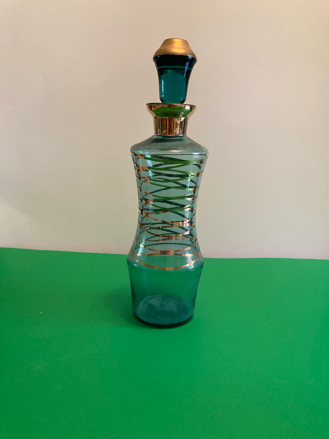 Teal Glass Decanter with Gold Swirls