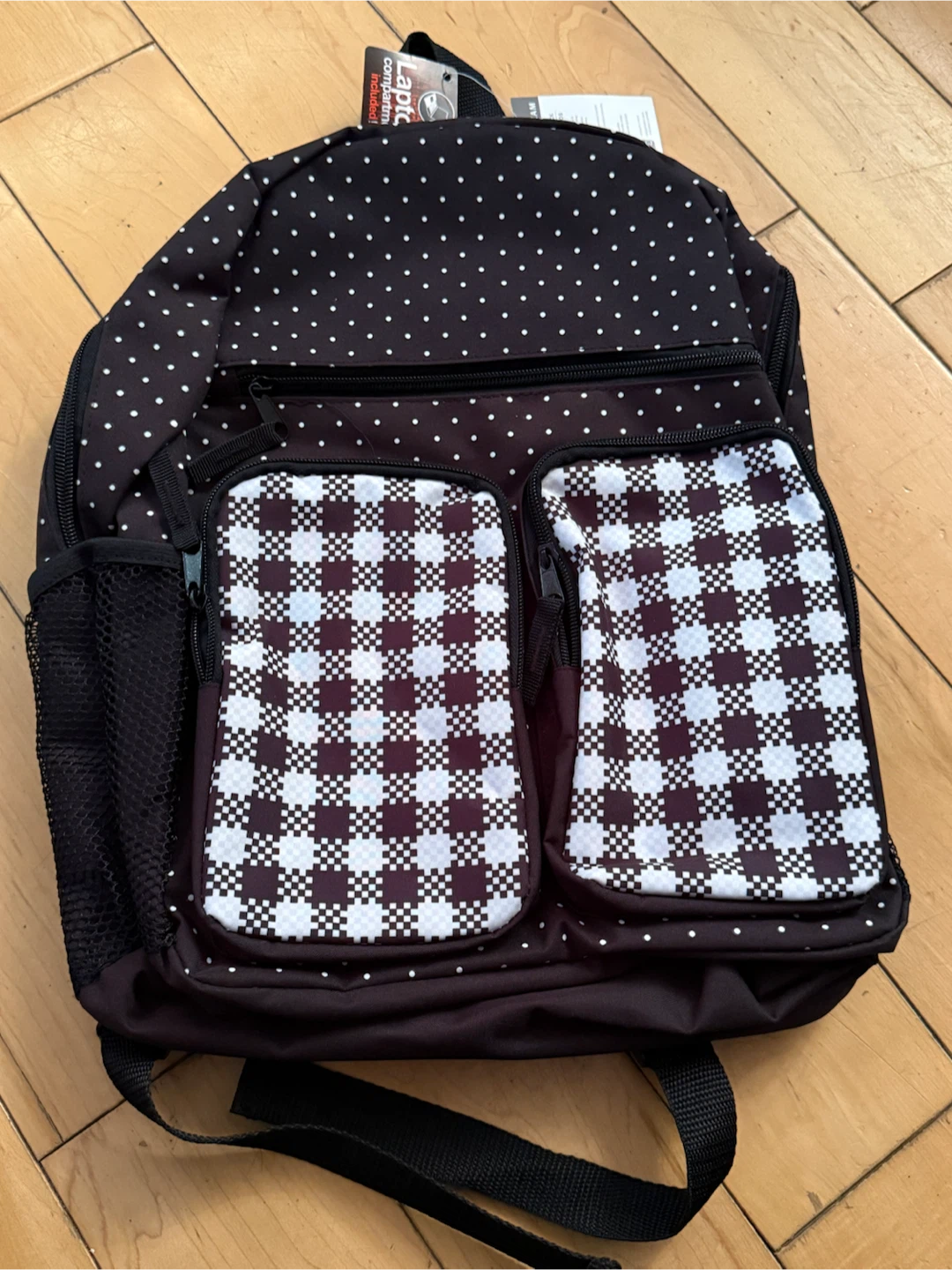 Black Backpack with White Polka Dots and Gingham Pockets
