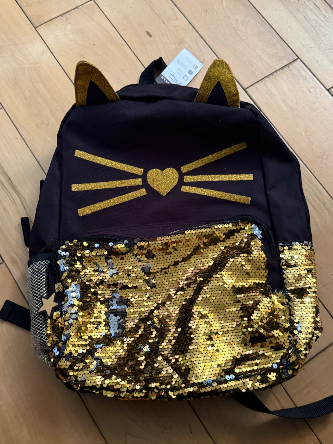 Black Cat Backpack with Gold Sequin Pocket