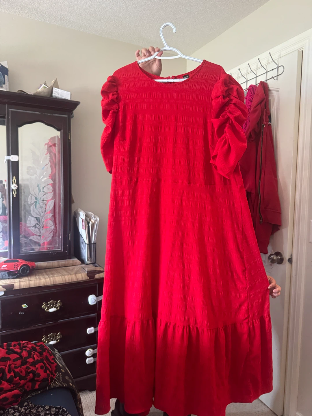 Red Puff Sleeve Midi Dress