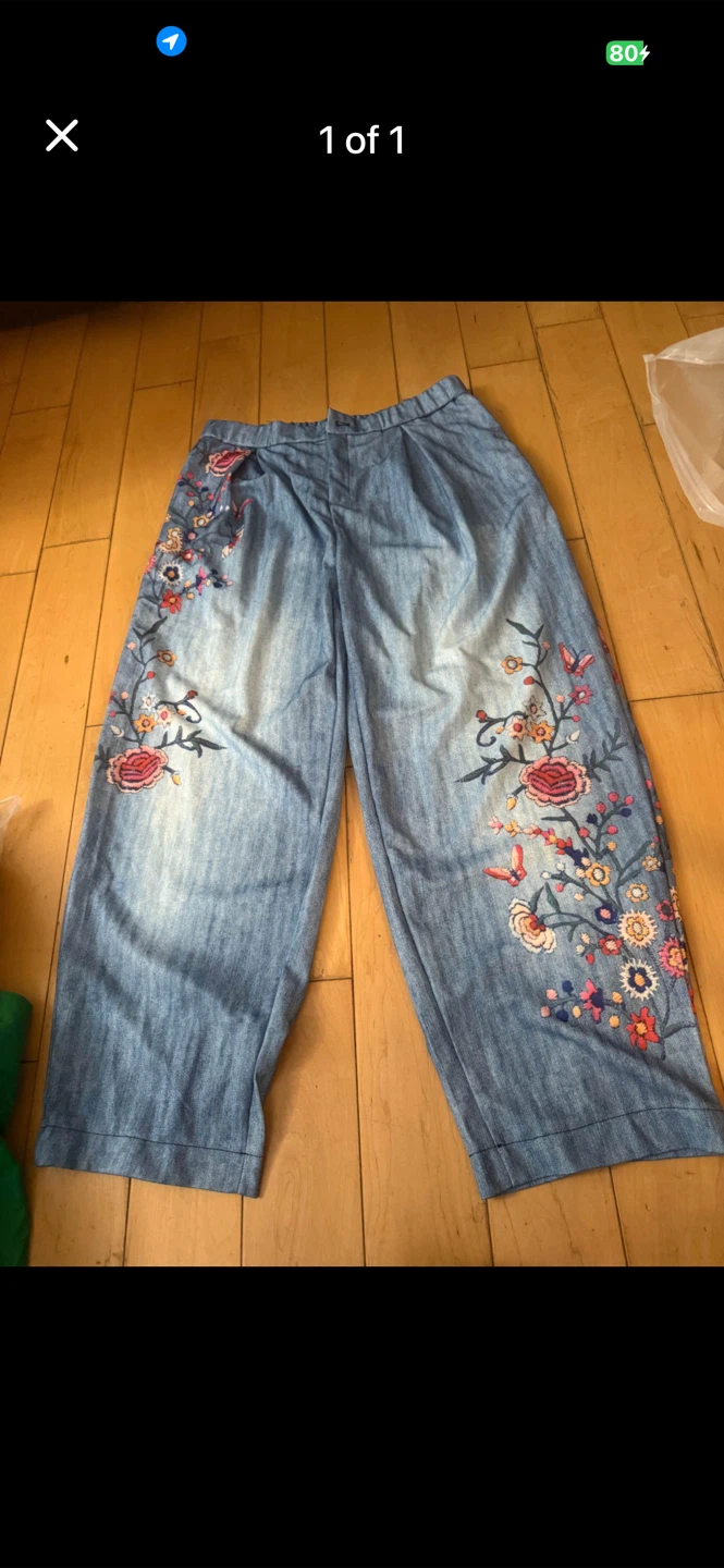 Embroidered Denim Wide-Leg Pants